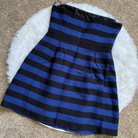 Trina Turk Strapless Mini Dress NEW Pockets Black Blue Striped Women’s 12 Lined - Picture 2 of 12